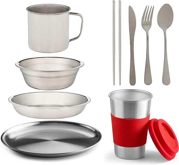 10-Piece Camping Dish Set - Stainless Steel Camp Mess Kit with Mesh Bag for Camping, Backpacking, Hiking - Complete Camping Dinnerware Set with Cup, Plate, Bowl, and Cutlery (with Zipper Cutlery Bag)