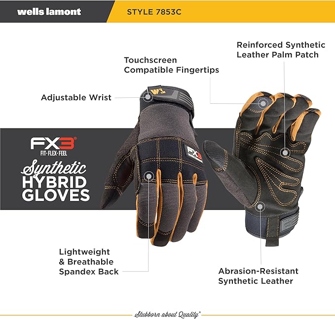 Wells Lamont FX3 Men's Work Gloves – Dexterity, Synthetic Leather Palm, Reinforced Fingertips– Stretch Spandex for Comfort – Touchscreen-Ready, All-Purpose Use, Ergonomic Fit– Black, X-Large (7853XLC)