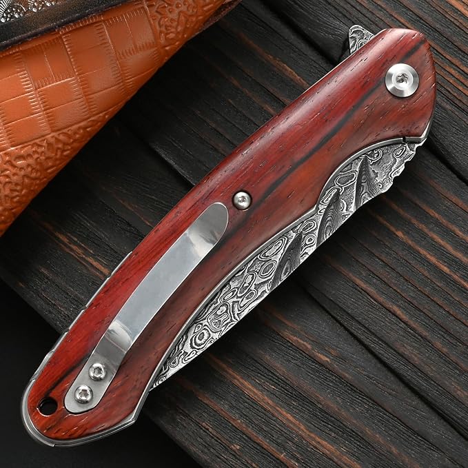 Sitivien ST242 Damascus Steel Folding Knife,Flipper Liner Lock Knife with Damascus VG10 Core Blade,Dalbergia Handle for Everyday Carry, Hunting and Outdoor …