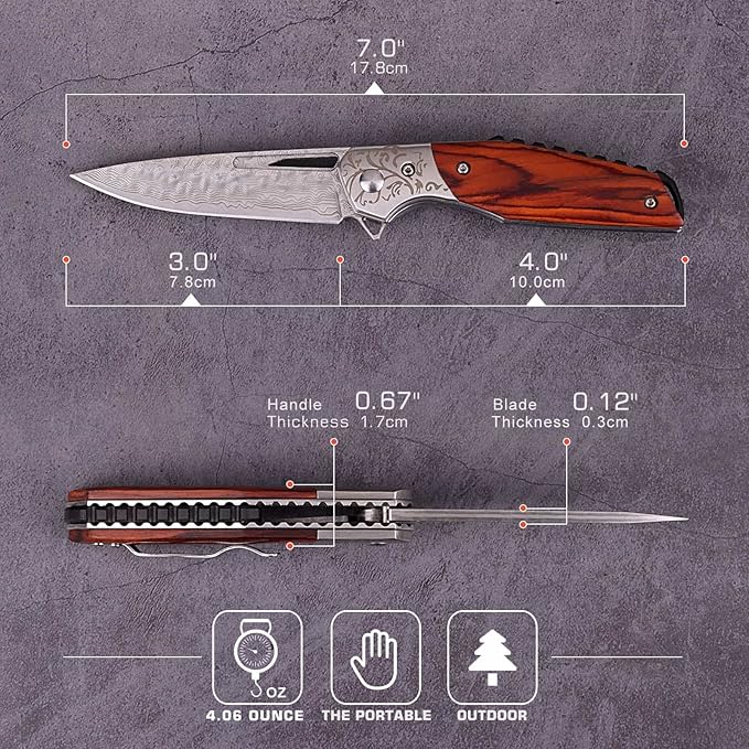 Damascus Pocket Knife For Men,EDC Red Sandalwood Handle Small Folding Knife For Hunting Camping Outdoor Hiking With Sheath