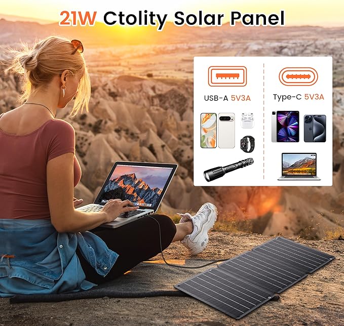 21W Portable Solar Panel - Foldable Solar Charger with Dual USB-A/USB-C for Phone Laptop Camping Hiking RV Outdoor Power Bank(Waterproof & High Efficiency)