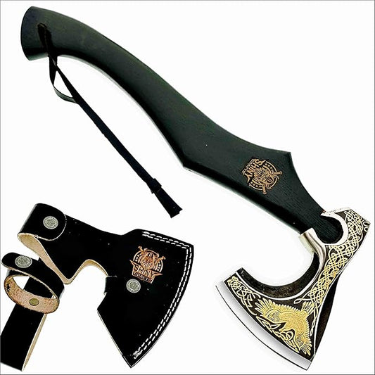 SHINY CRAFTS-Axes Handmade Viking Axe Hatchet Norse Axe-Carbon Steel Head and Golden Flying Eagle Design, Ash Wood Handle Viking Gifts for Men with Premium Quality Leather Sheath (SCA 20)