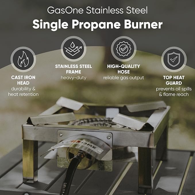 GasOne Stainless Steel Single Propane Burner - Outdoor Cooking with Heat Shield and Guard ??Propane Burner Head for Camping, Tailgating, Seafood Boil, Home Brewing - Patent Pending