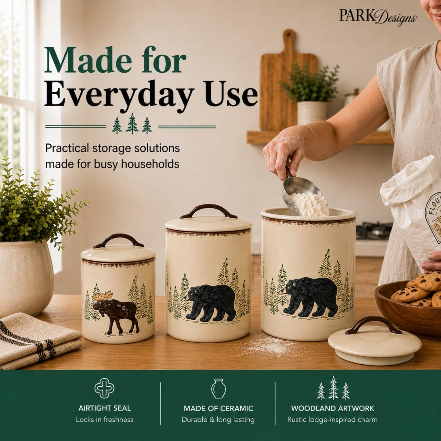 Park Designs Stoneware Rustic Retreat 3 Piece Canister Set | Farmhouse Rustic Countertop Storage |