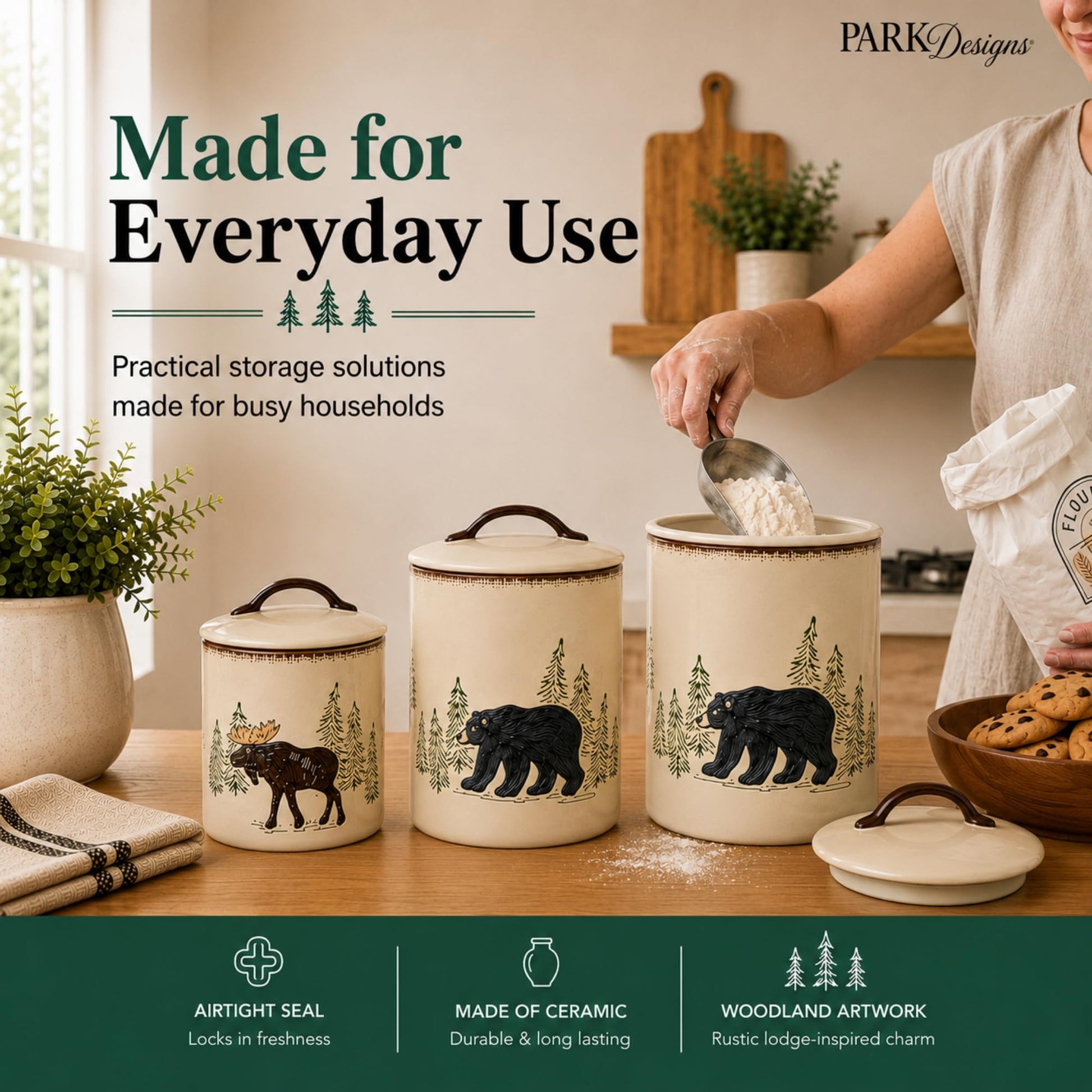 Park Designs Stoneware Rustic Retreat 3 Piece Canister Set | Farmhouse Rustic Countertop Storage |
