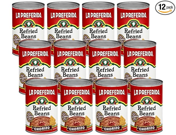 La Preferida Chorizo Refried Beans Heat & Serve for an Instant Side Dish or Add to Enchiladas, Tostadas & More,16 oz. (Pack of 12)