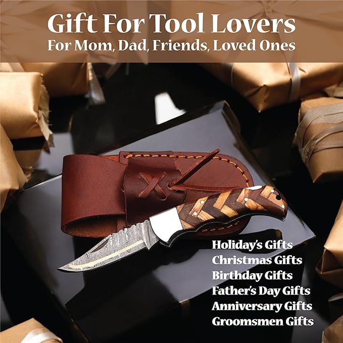 6.5 inch Damascus Pocket Knife with Sheath, Handmade Folding Pocket Knife for Men, Black-Red Wooden Handle with Brass Bolster, Secure Lock Back Camping Knife for EDC,Hunting,Hiking (Copper Damascus)