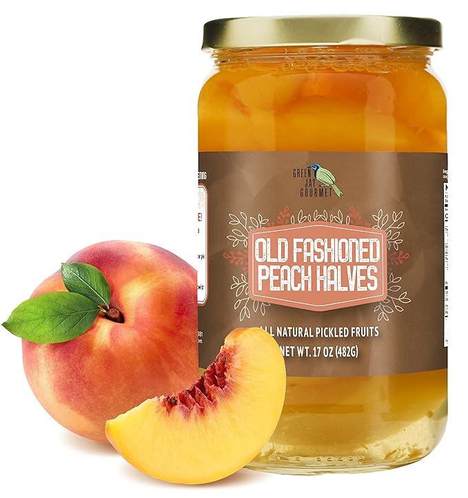 Green Jay Gourmet Old Fashioned Peaches in a Pint Jar - Fresh Hand Jarred Fruit for Cooking & Pantry ??Home Grown Peach Halves - Pre-Prepared Pickled Peaches ??Simple Natural Ingredients - 17 Ounces