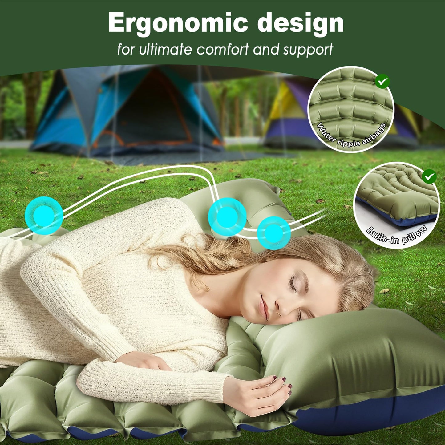 Pretyw Double Camping Sleeping pad with Pillow & Built-in Foot Pump