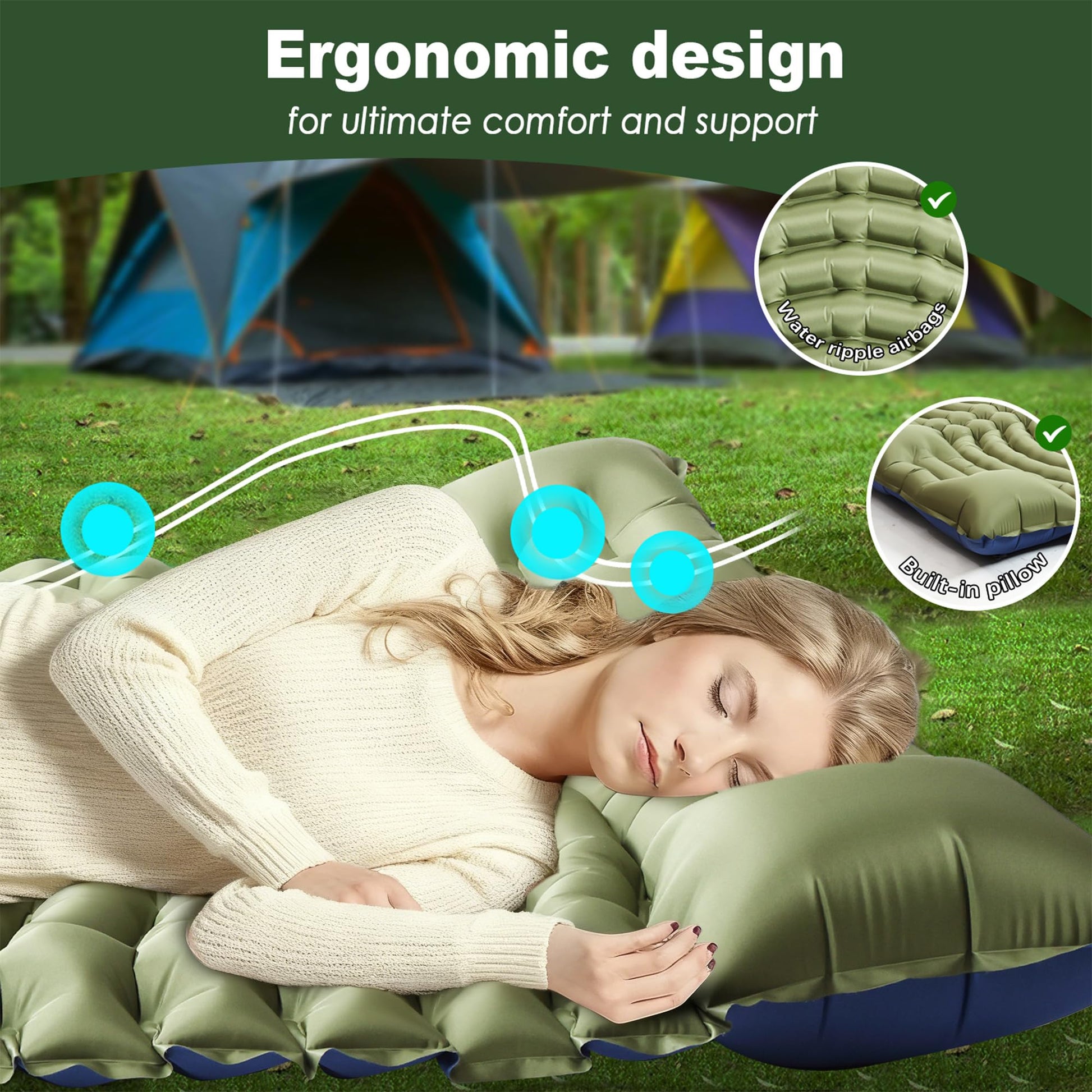 Pretyw Double Camping Sleeping pad with Pillow & Built-in Foot Pump