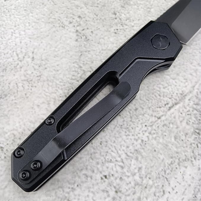 Push Button Lock Knife, Tactical Speedsafe Assisted EDC Folding Knife, Black Stonewashed Reverse Tanto Blade Aluminum Handle Outdoor Hunting Camping Knives With Reversible Deep Carry Pocket Clip For Men