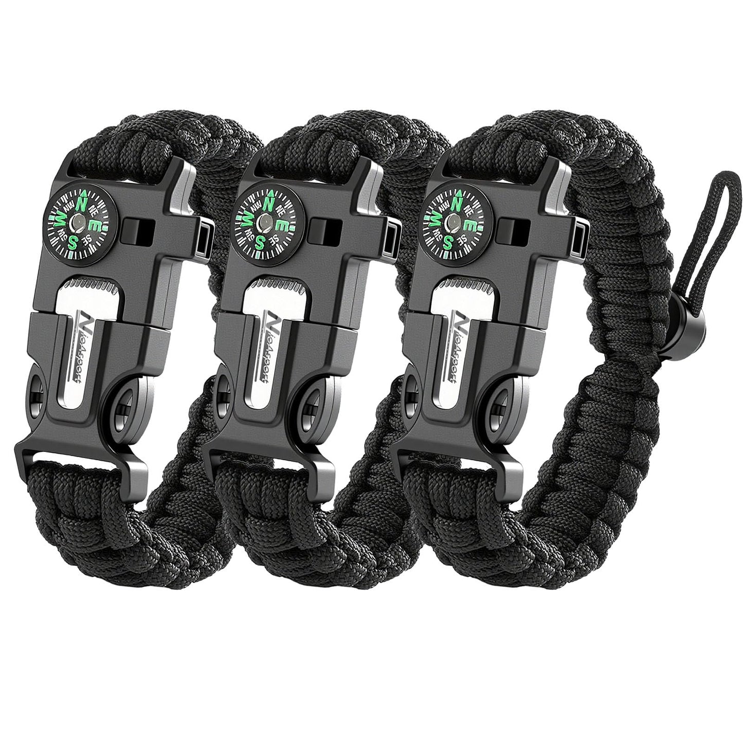NVioAsport Paracord Survival Bracelet (3 Pack) - Adjustable with Fire Starter, Whistle, Compass