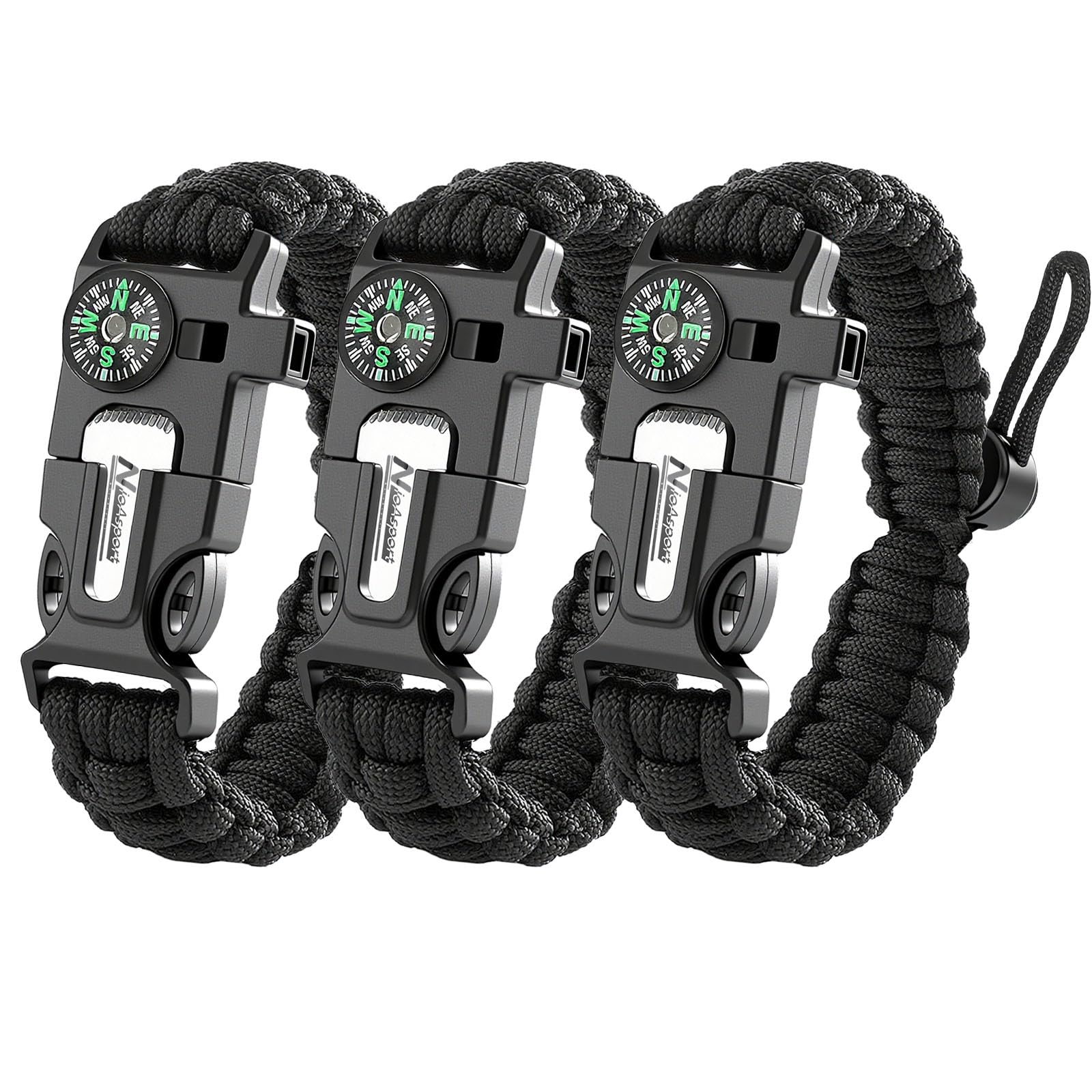 NVioAsport Paracord Survival Bracelet (3 Pack) - Adjustable with Fire Starter, Whistle, Compass