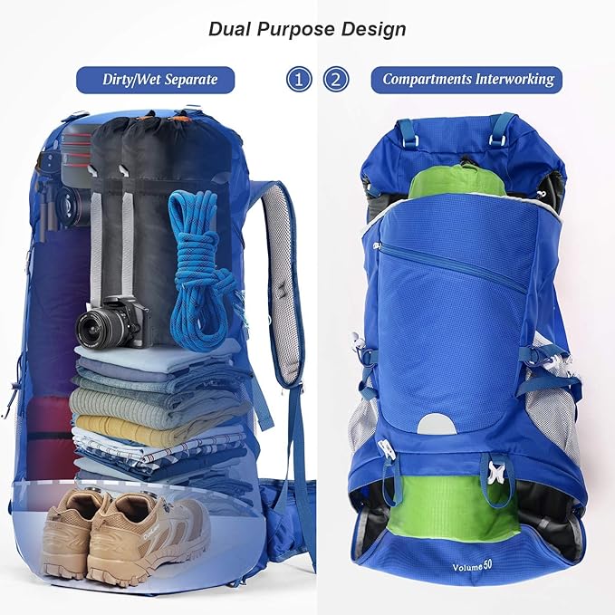 HOMIEE 50L Hiking Backpack Travel Bag Waterproof Camping Rucksack with Rain Cover Lightweight Backpacking Backpack