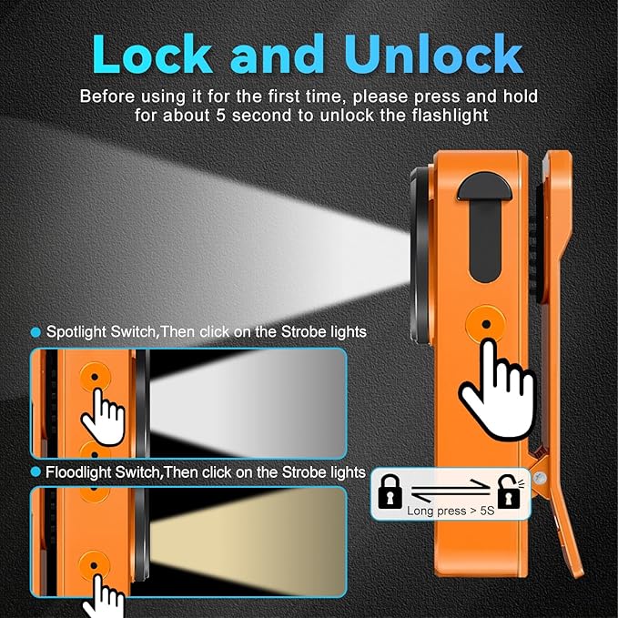EDC Flashlight Clip-on Light, 530 Lumens Rechargeable with Type-C Charging, Combines Floodlight, Spotlight and UV, Equipped with Charging Cable and Instruction Manual(Orange)