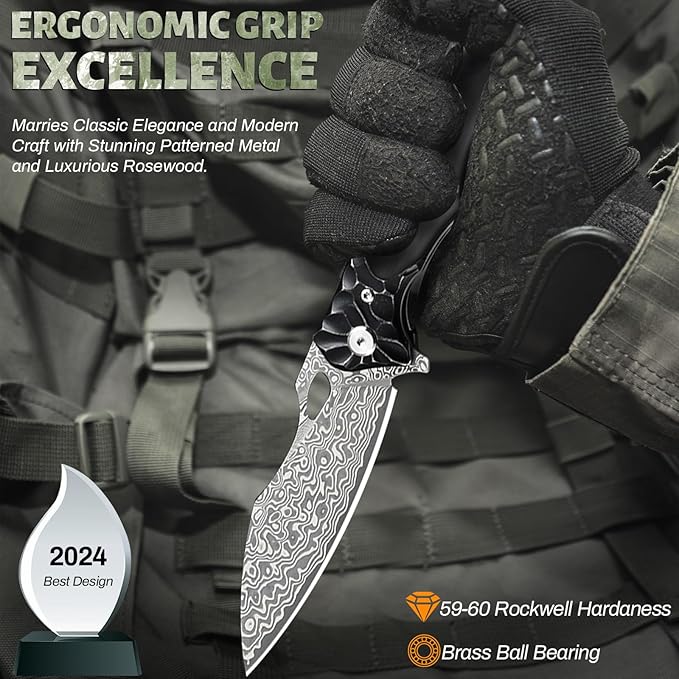 Pocket Knife for Men, Hunting knife with sheath, Damascus Steel Folding knife with Ebony Wood Handle, Survival EDC Knife for Fishing, Meat Cutting, Tactical Knife for Outdoor Camping Hiking