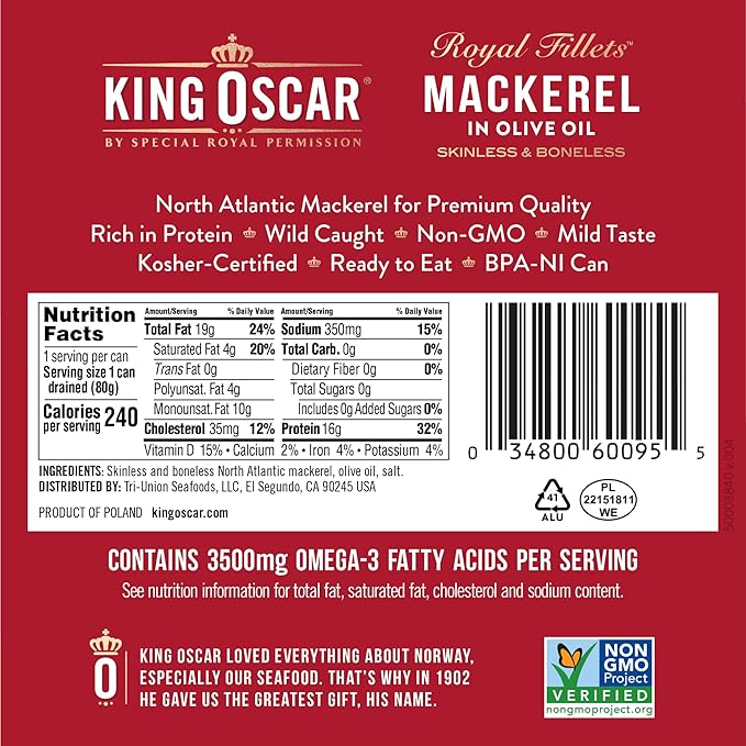 King Oscar Mackerel in Olive Oil, 4.05 Ounce Can (Pack of 12, Packaging May Vary), Skinless & Boneless, Wild Caught Canned Mackerel