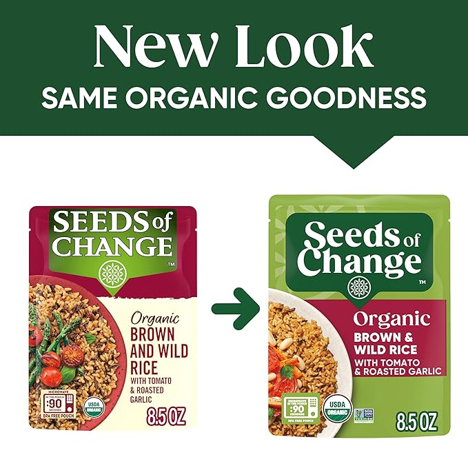 SEEDS OF CHANGE Certified Organic Brown and Wild Rice with Tomato & Roasted Garlic, Organic Food, 8.5 oz Pouch (Pack of 12)