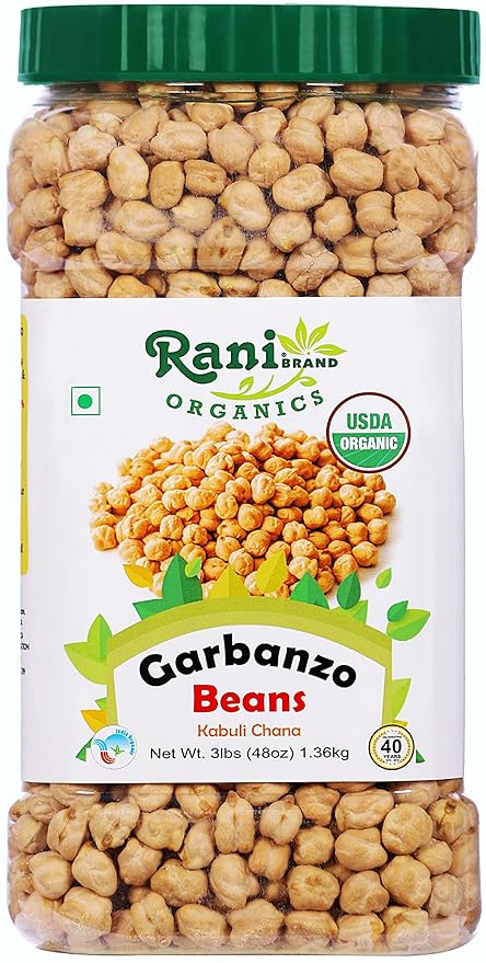 Rani Organic Garbanzo Beans (Kabuli Chana) 48oz (3lbs) 1.36kg Bulk PET Jar ~ All Natural | Vegan | Gluten Friendly | NON-GMO | Indian Origin | USDA Certified Organic