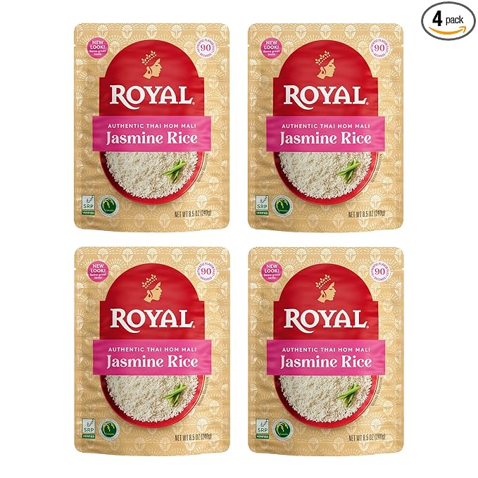 Royal Authentic Thai Hom Mali White Jasmine Rice - Microwave Rice - Dinner Side Dish - (4 Pack) 8.5 oz Pouch