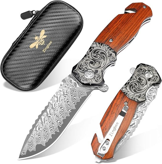 Pocket Knife with Glass Breaker, EDC Damascus Folding Knife with Seatbelt Cutter, 3.35" VG10 Damascus Steel Blade Multitool Pocket Knives with Wood Handle