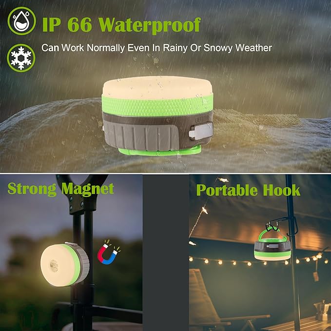 LIT-PaTH LED Camping Lantern, Rechargeable Light with Magnet Base, 2200 mAh, Survival Kit for Emergency, Hurricane, Outage, Medium Green, 1 Pack