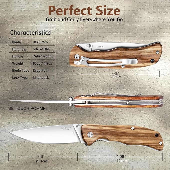 Vickay Pocket Knife for Men, Folding Knife with Clip, 3.74" 8Cr13MoV Steel Blade, Wood Handle EDC Knife for Outdoor Camping,Tactical, Hunting and Fishing Gift (Zebrawood)