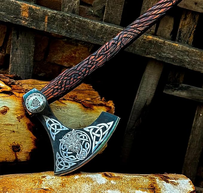 [MDM King Tools] Custom Handmade Viking Axe Medieval Ax with Viking Gift, Hand Axes, Viking Gifts for Men, Camping Tomahawk, Bearded, Ragnar Axe with Leather Sheath (Viking Ax)