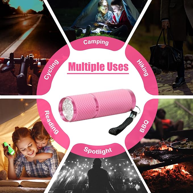 AHIER 9 LED Glow in Dark Flashlights, Rubber Coated Small Flashlights with Straps, Portable Handy Lights for Camping, Hiking, Indoor, Assorted Colors (Pink)