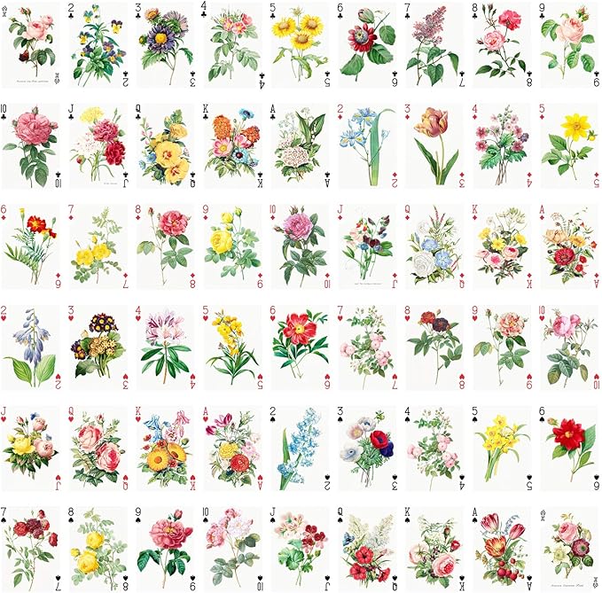 Flowers Roses Playing Cards (Poker Deck 54 Cards All Different) Vintage Graden Flowers Roses Wildflowers Engraving Painting by Redoute