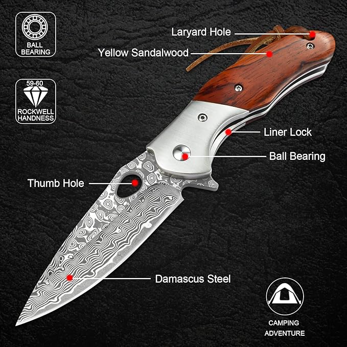 KOMWERO Damascus Pocket Knife for Men, VG10 Core Damascus Steel Folding Knife with Wood Handle, Ball Bearing, Thumb Hole, Liner Lock, Sheath for EDC Outdoor Survival Hunting