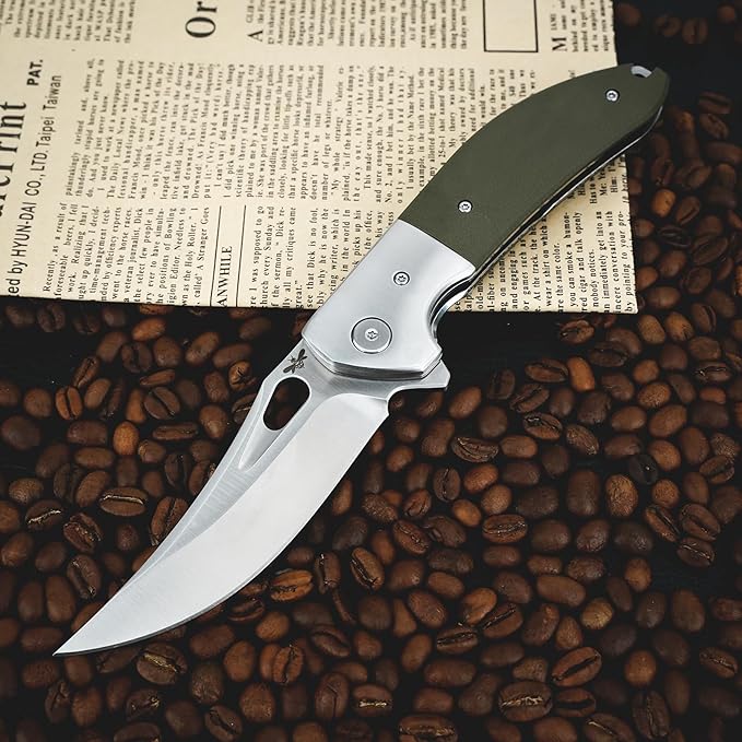 Pocket Knife with Clip, 3.7" 14C28N Blade EDC Folding Knife with Green G10 Handle, Outdoor Camping Folding Knives for Men Women