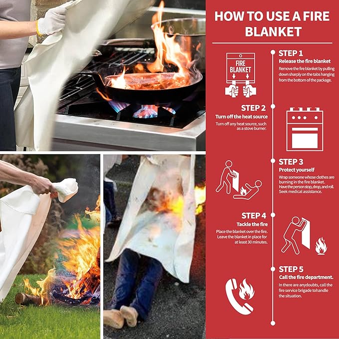 Fire Blanket for Kitchen and Home, 40" x 40", Fiberglass Emergency Fire Blanket, 4 Pack