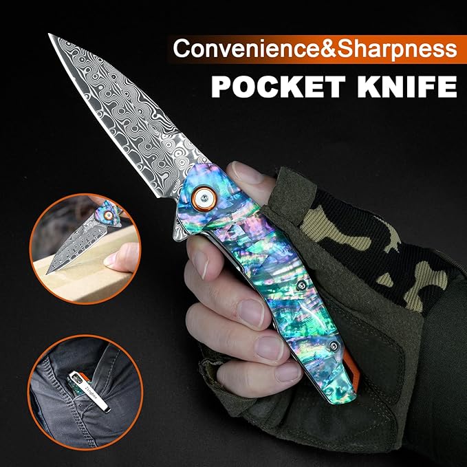 Damascus Pocket Knife, 3.03" VG10 Damascus Steel Blade Folding Knife with Abalone Shell Handle, EDC Camping Knives for Outdoor Indoor, Gifts for Women Men