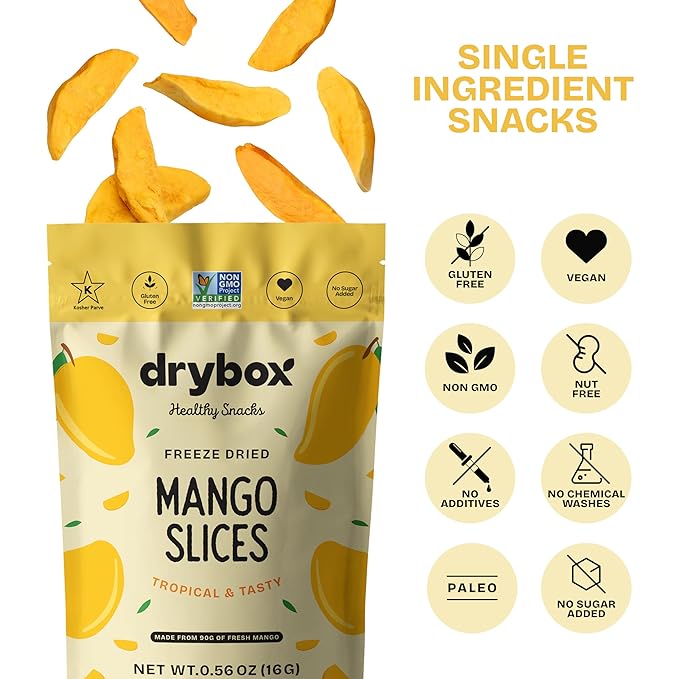 Drybox Freeze Dried Mangos Sliced | 100% Natural Fruit | Freeze Dried Mango Source | No Sugar & Additives | Healthy Snack & Topping for Beverages or Recipes | Non-GMO, Vegan, Gluten Free, 0.56 oz 1 pack