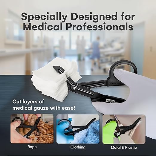 Madison Supply 7.5 Inches Premium Stainless Steel Nurse Scissors - Non-Stick Coated Blades Medical Scissors - Durable Fluoride-Coated Trauma Shears - Black