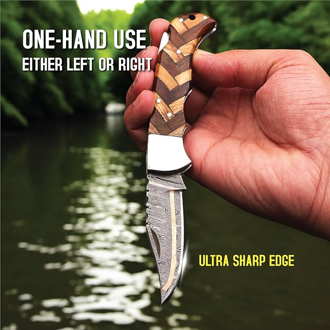 6.5 inch Damascus Pocket Knife with Sheath, Handmade Folding Pocket Knife for Men, Black-Red Wooden Handle with Brass Bolster, Secure Lock Back Camping Knife for EDC,Hunting,Hiking (Copper Damascus)