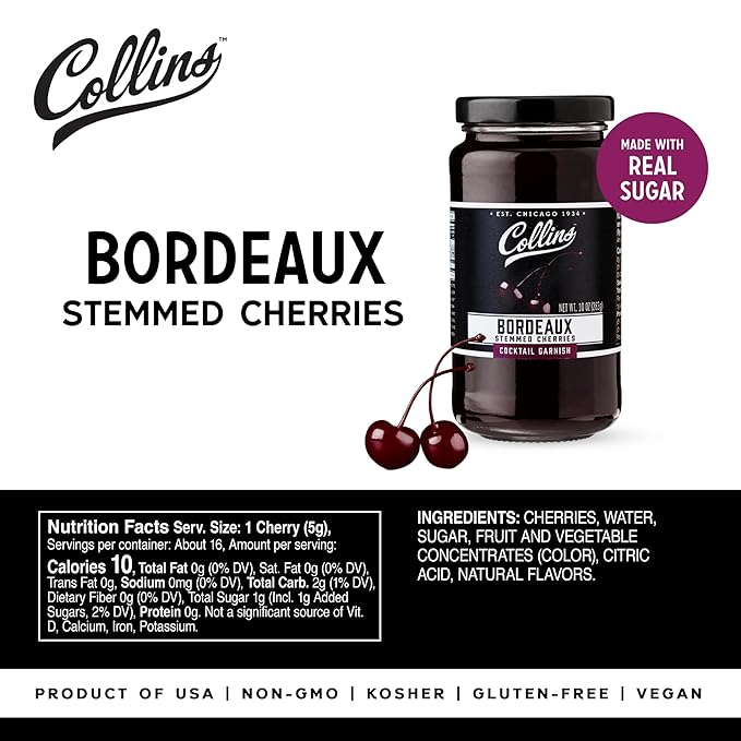 Collins Stemmed Black Cherries for Cocktails, Old Fashioned, Manhattan, and Whiskey Sour, Cocktail Cherry in Bordeaux Syrup, Garnish for Mocktails, Party Drinks, Baking, Desserts, 10 oz