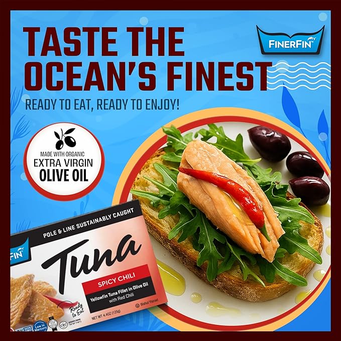 FinerFin Yellowfin Tuna In Organic Olive Oil ??Spicy Chili Flavor (4.4oz can - 6 Pack); Premium Canned Fish with EVOO, Keto Friendly, Gourmet Ready-to-Eat Fillets, Wild-Caught