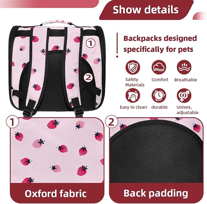 Pink Strawberry (2) Pet Cat Backpack Carrier for Kitty Small Dog, Ventilated Pet Carrier Bag for Car, Walking, Hiking, Outdoors