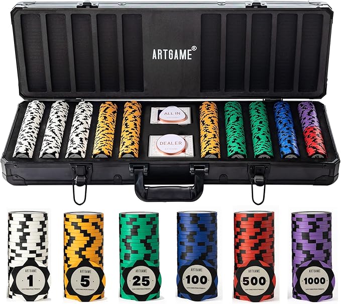 ARTGAME 14 Gram Clay Poker Chip Set for Texas Hold’em, 500 Pcs Casino Style Chips, with K-Type Aluminum Case and Dealer Buttons.
