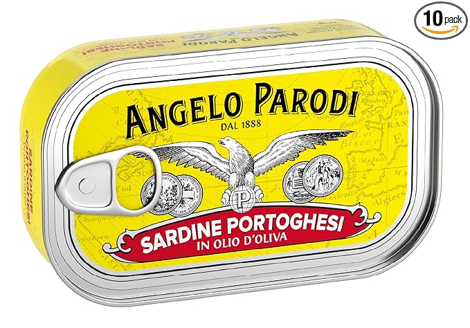 Angelo Parodi Portuguese Sardines in Pure Olive Oil | 10 Pack | Imported From Italy | Wild Caught and Hand Selected | Premium All Natural | Gourmet Fish in 4.23 oz Can (120 Gram)