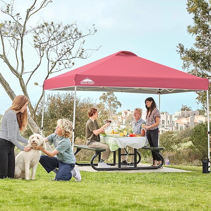 EAGLE PEAK Pop Up Canopy Tent with Wheeled Carry Bag, 8 Stakes, 4 Ropes, 4 Weight Bags, Easy Set Up Tent Canopy, 10x10 ft, 100sqft of Shade, Peach Pink