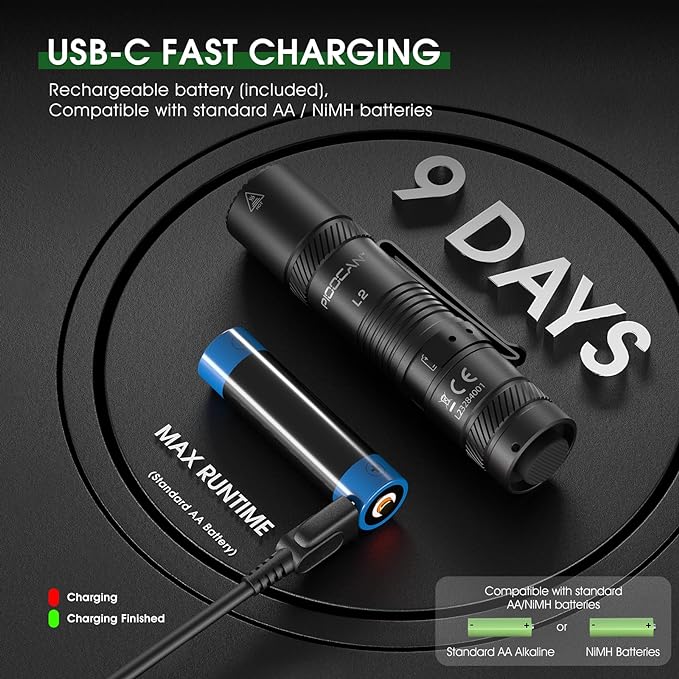 Rechargeable Flashlights 1200 Lumens EDC Flashlight, AA Pocket Flashlight High Lumens with Clip, Super Bright Small Flashlights, 4 Modes Flash Light for Camping, Home, and Emergencies (Black)