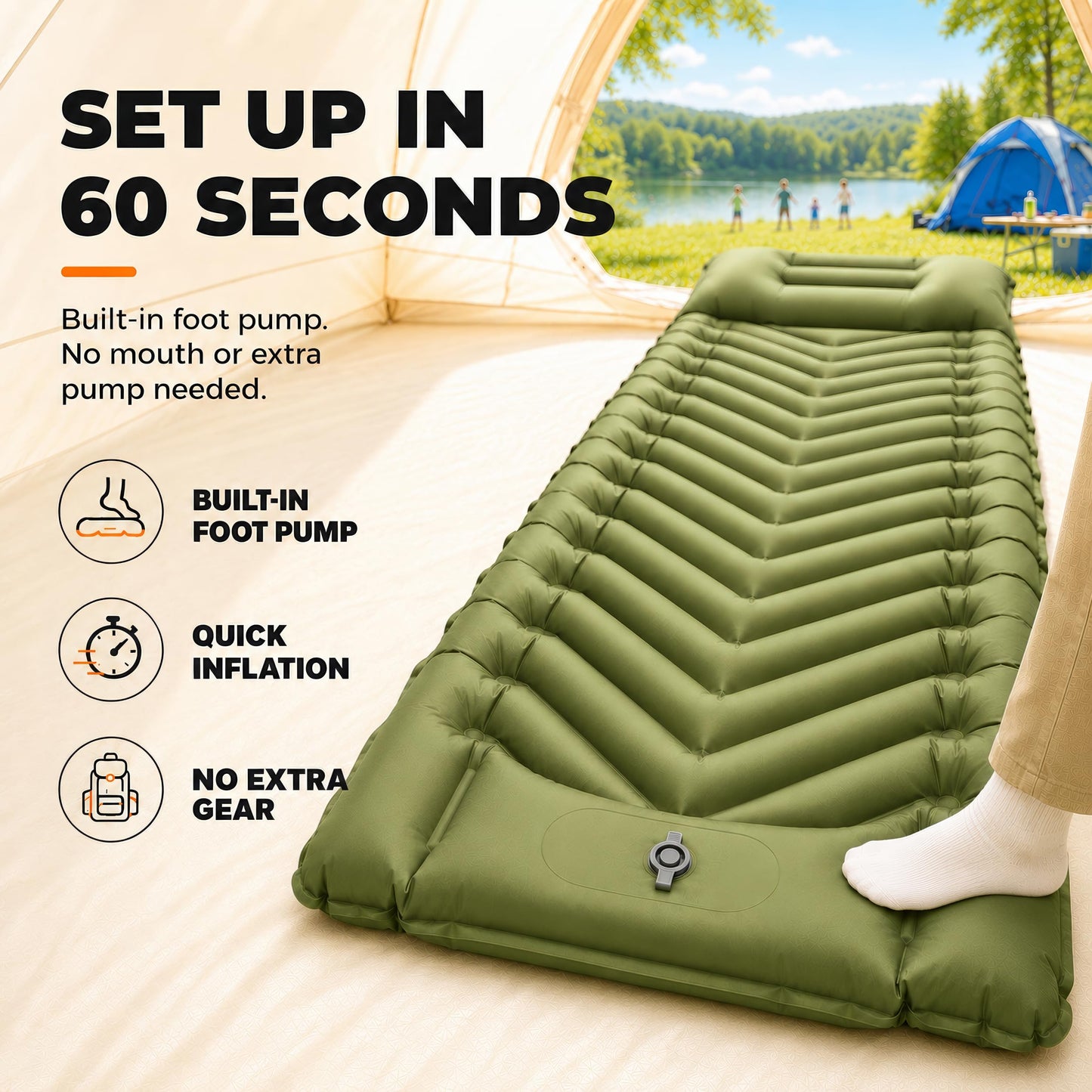 MalloMe Sleeping Pad for Camping, Camping Mattress - Bed for Outdoors Built-in Foot Pump Air