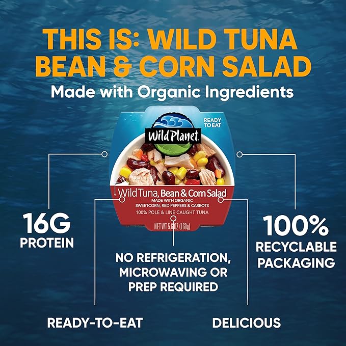 Wild Planet Ready-to-Eat Wild Tuna, Bean & Corn Salad with Organic Sweetcorn, Red Peppers and Carrots, 5.6oz (Pack of 12)