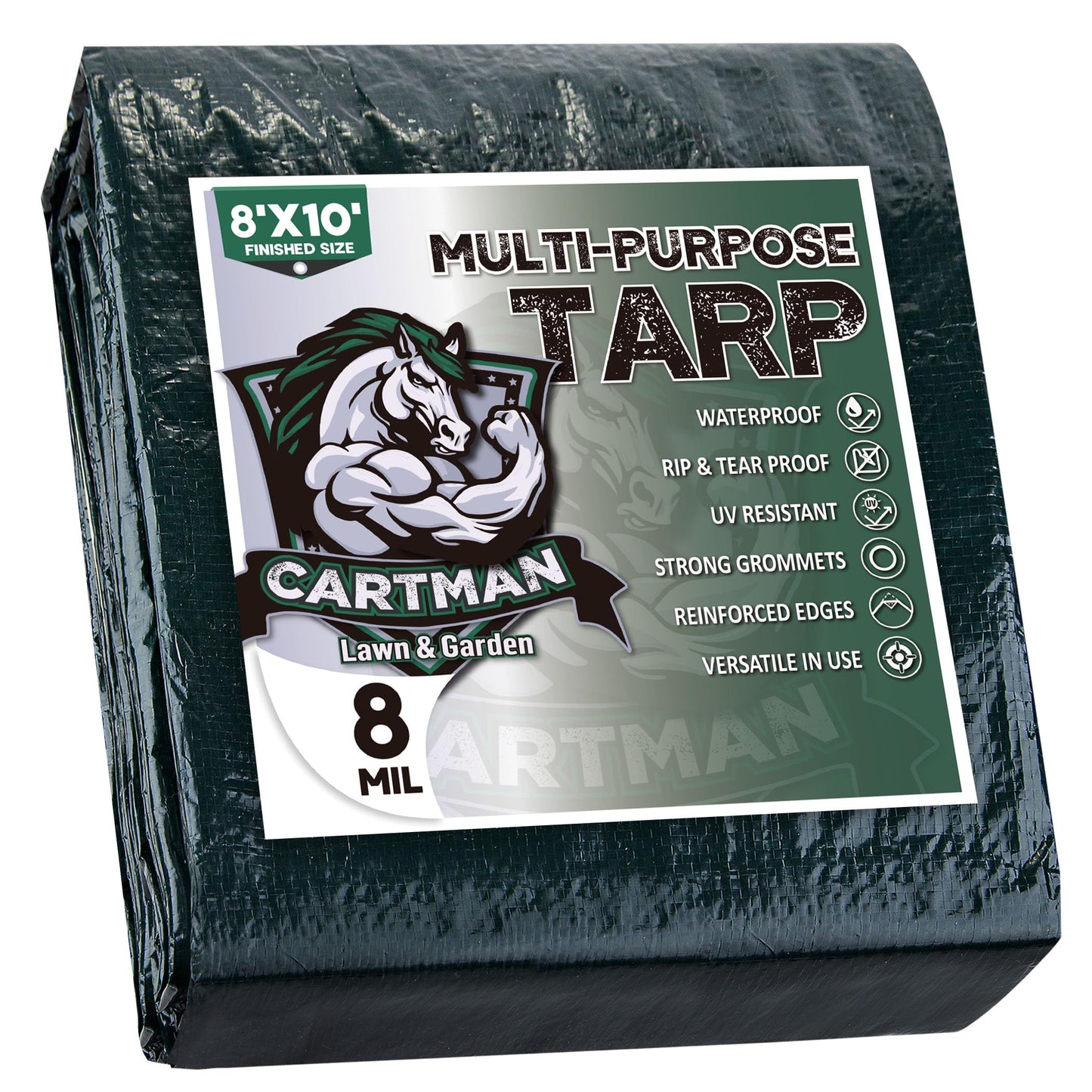 CARTMAN 8x10Ft Multipurpose Waterproof Poly Tarp Cover 8 Mil, Green