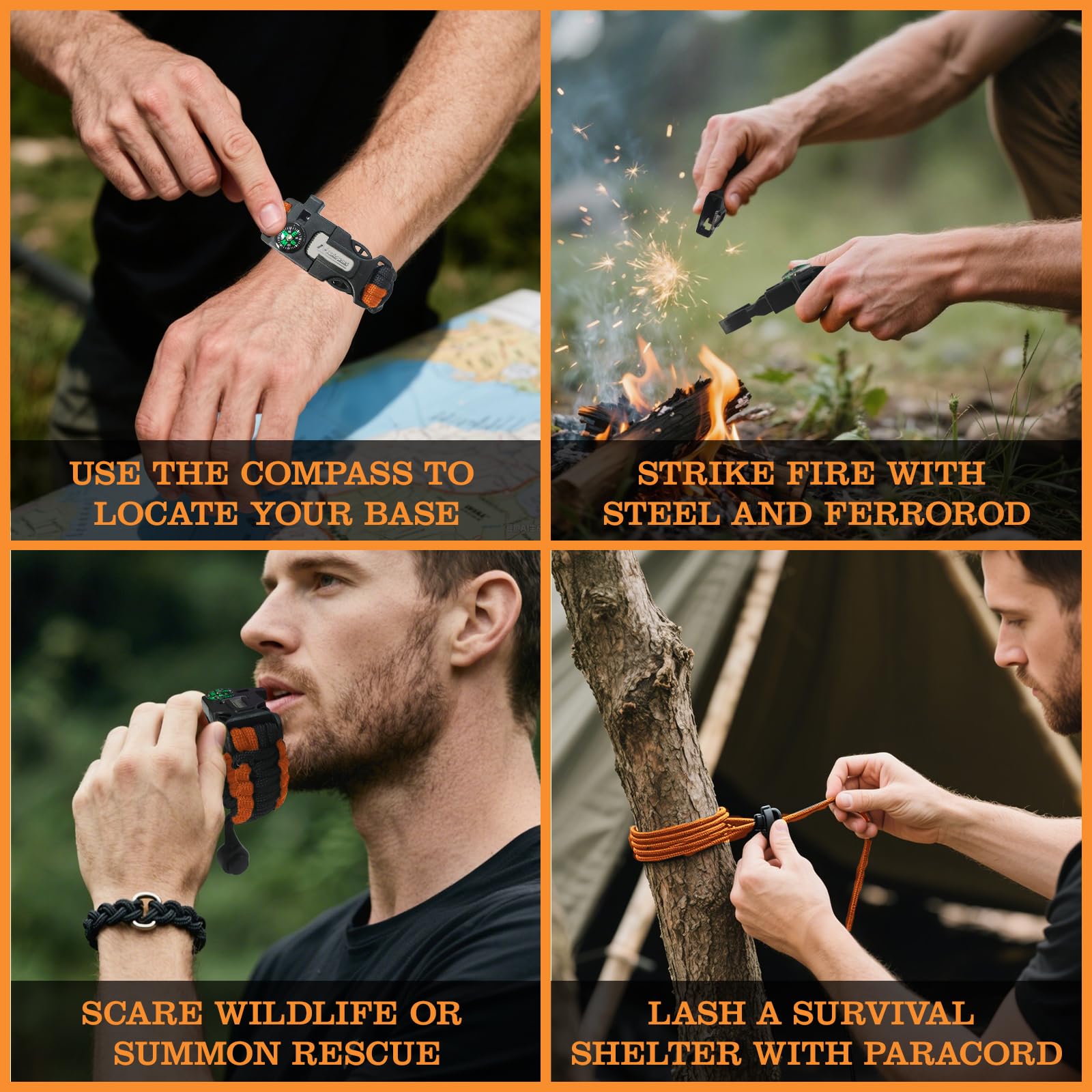 NVioAsport Paracord Survival Bracelet (3 Pack) - Adjustable with Fire Starter, Whistle, Compass