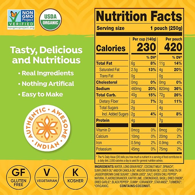 Tasty Bite Organic Thai Lime Rice, 8.8 Ounce, Pack of 6, Ready to Eat, Microwavable, Vegan, Gluten-Free
