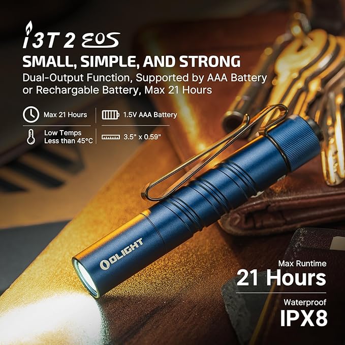 OLIGHT I3T 2 EOS Pocket EDC Flashlight, 200 Lumens Compact Bright Handheld Flash Lights, Dual-Output Tail Switch with AAA Battery and Two-Way Pocket Clip for Camping and Hiking (Midnight Blue)